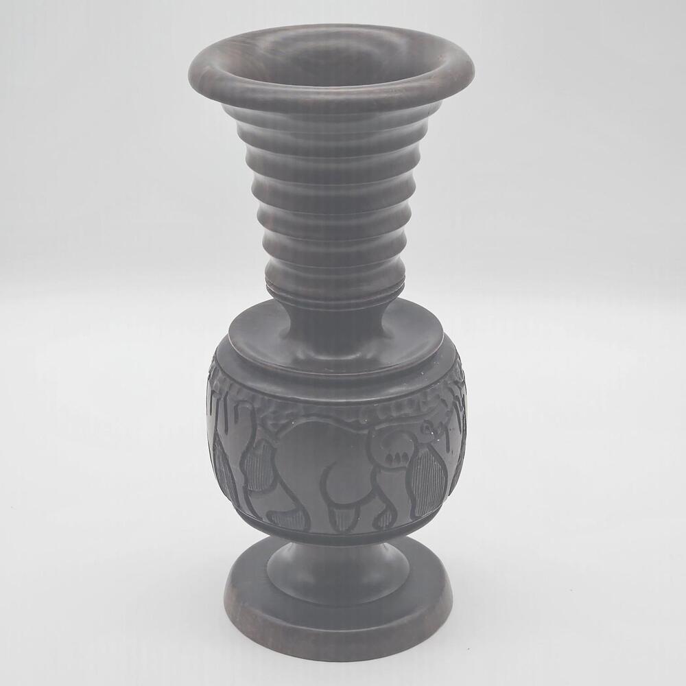 Wood Hand Carved Vase Elephant/Rhinoceros  Vase 9.5" Heavy Kenya